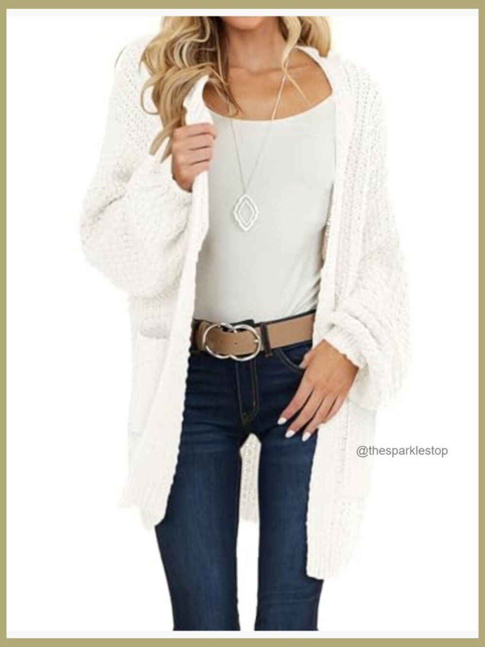 Oversized Open Front Chunky Knit Cardigan with Lantern Sleeves - Picture 6 of 7